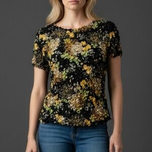 RADIANCE 1990s Black Bubble Popcorn Scrunchie Floral Silk Blouse
